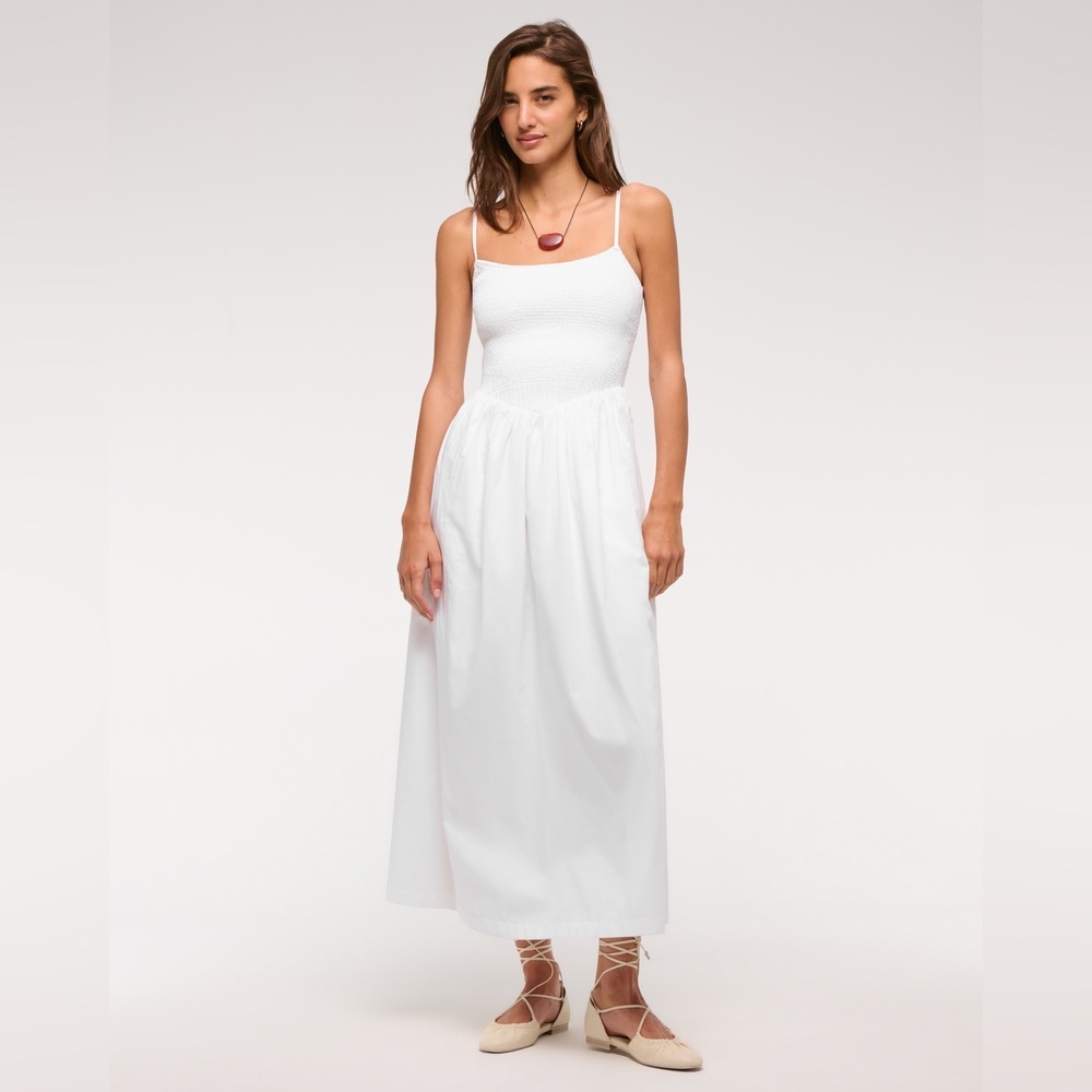 abercrombie & fitch dipped-waist smocked midi dress